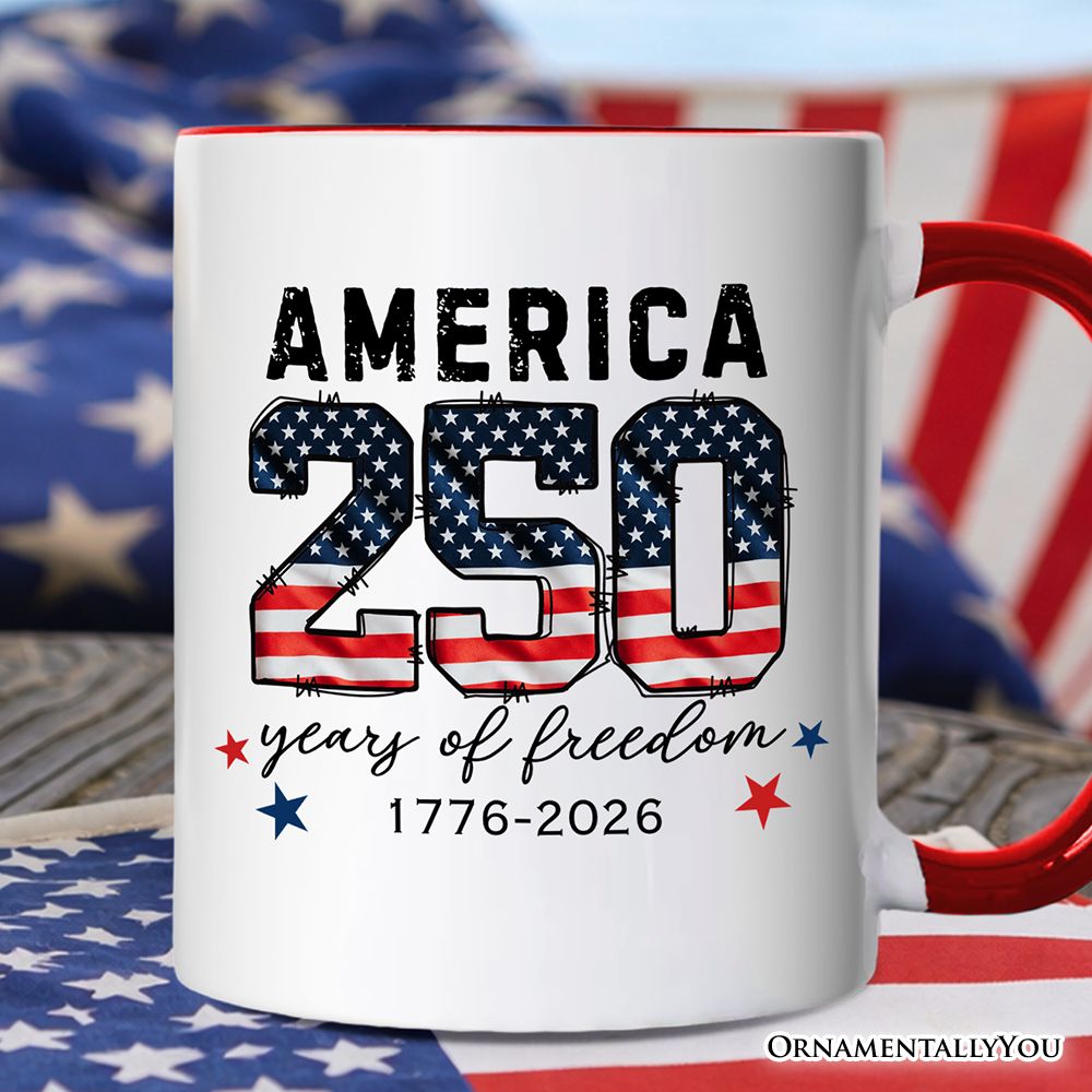 America 250 Years of Freedom Mug, Patriotic USA Anniversary 1776 Gift: Red Handle / Non-Custom