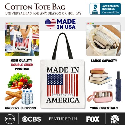Made In America Bar Code Flag Tote Bag, Patriotic 1776 USA 250th Anniversary Gift Shopper: Navy Handle