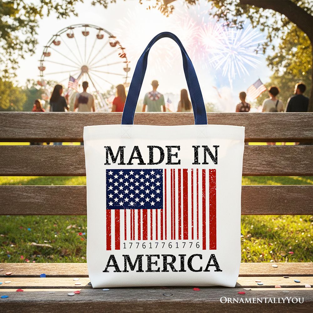 Made In America Bar Code Flag Tote Bag, Patriotic 1776 USA 250th Anniversary Gift Shopper: Navy Handle
