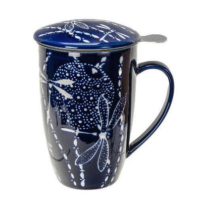 Dragonfly Porcelain Tea Mug with Lid and Infuser – 15 oz