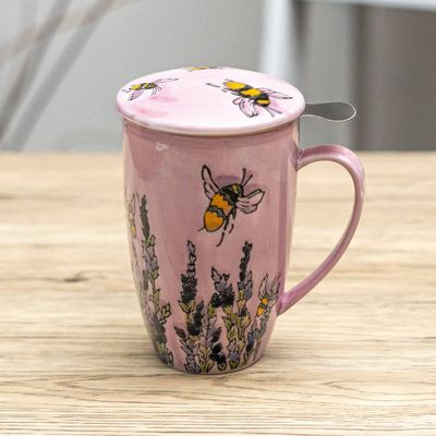 Spring Honeybee Porcelain Tea Mug with Lid and Infuser – 15 oz
