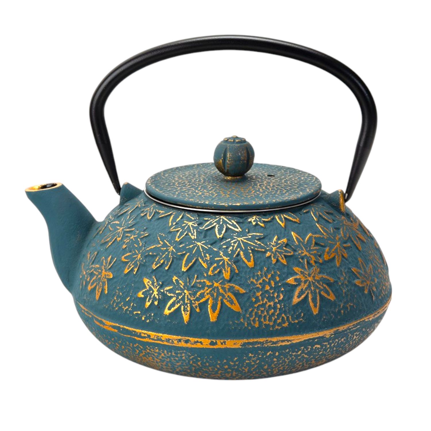 Cast Iron Teapot with Infuser – Turquoise Momiji Maple Leaves, 40 oz