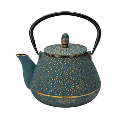 Cast Iron Teapot with Infuser – Teal Blue Plum Flower, 32 oz