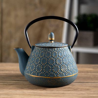 Cast Iron Teapot with Infuser – Teal Blue Plum Flower, 32 oz