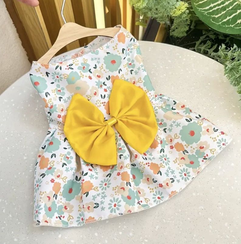 Teal Print Floral Dress Yellow Bow