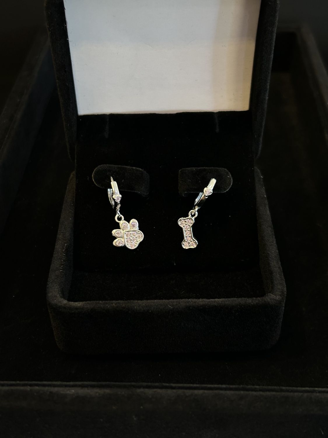 Silver Pink Paw &amp; Bone Earrings