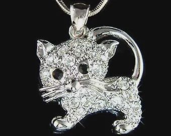 Silver Cat Necklace (Black Eyes)