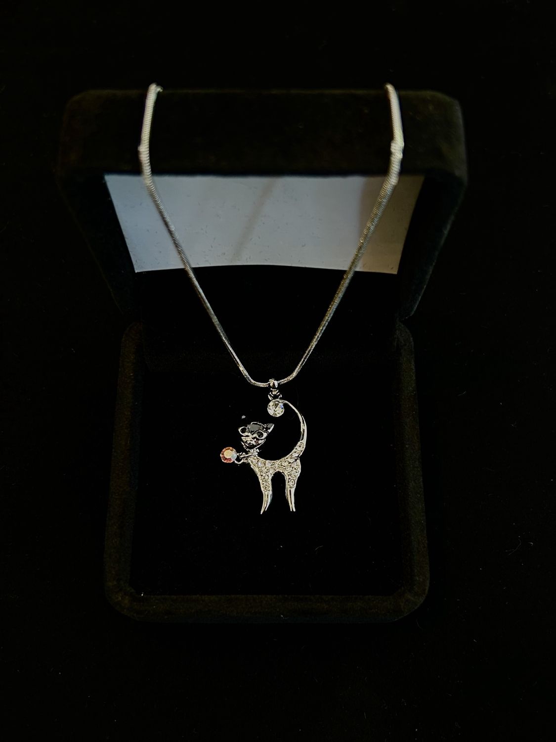 Silver Cat Necklace with Pink Jewel