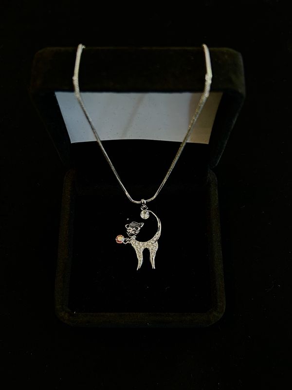 Silver Cat Necklace with Pink Jewel