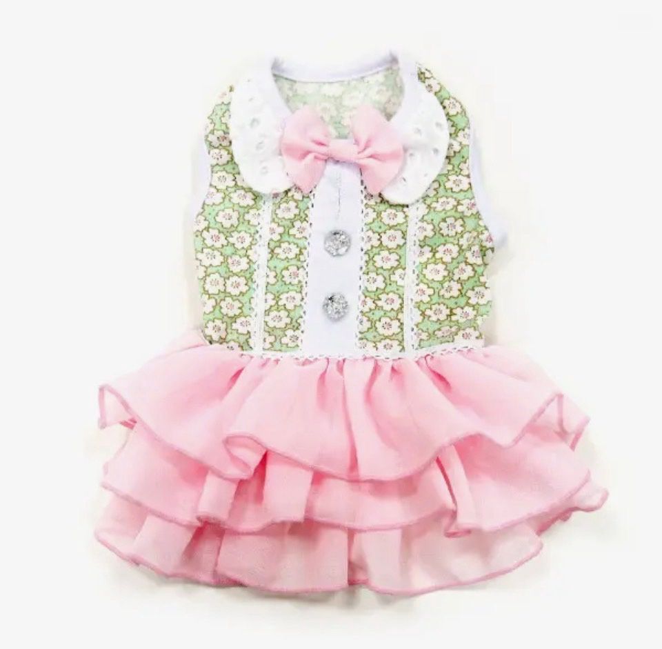 Green floral dress pink ruffles, Size: Medium