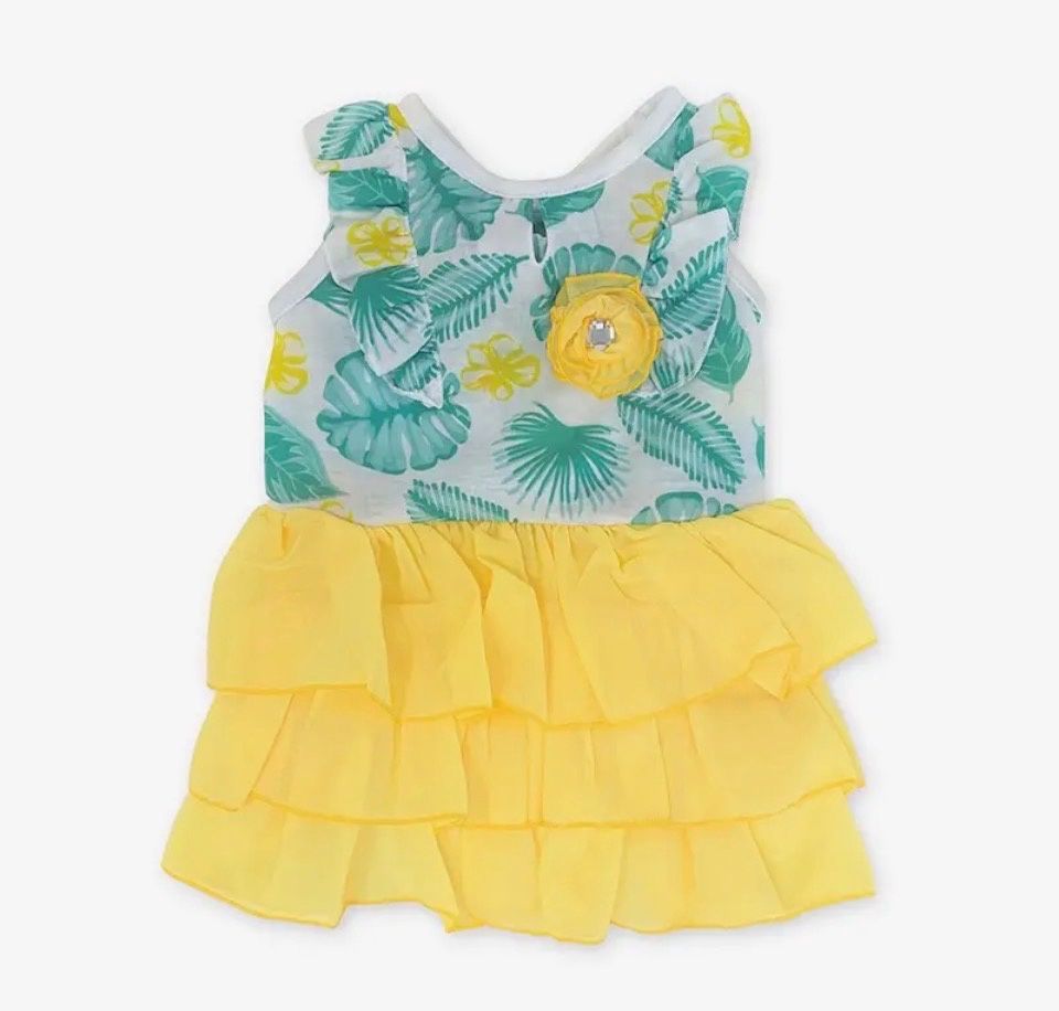 Teal floral and Yellow Ruffle Dress, Size: Medium