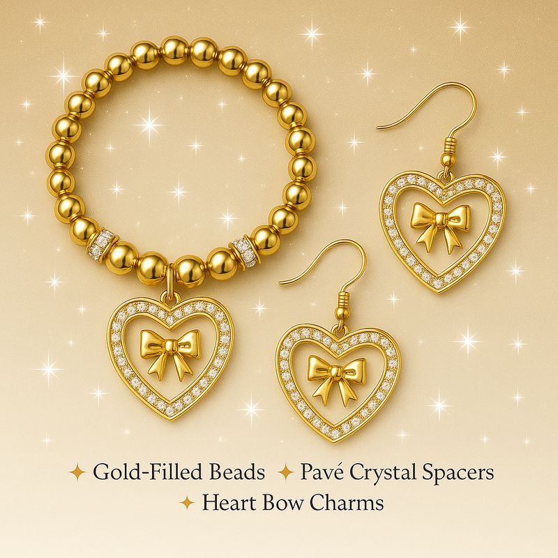 Golden Heart Bow Charm Jewelry Set