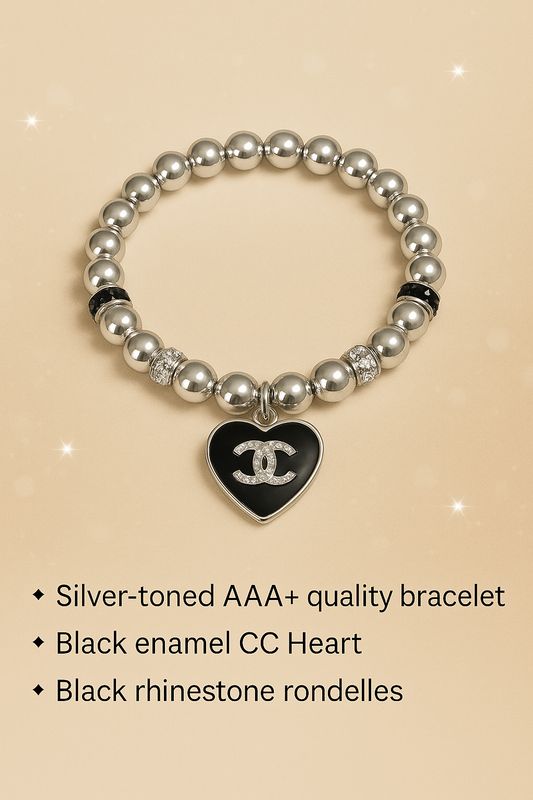Silver Bracelet with Black Heart Charm