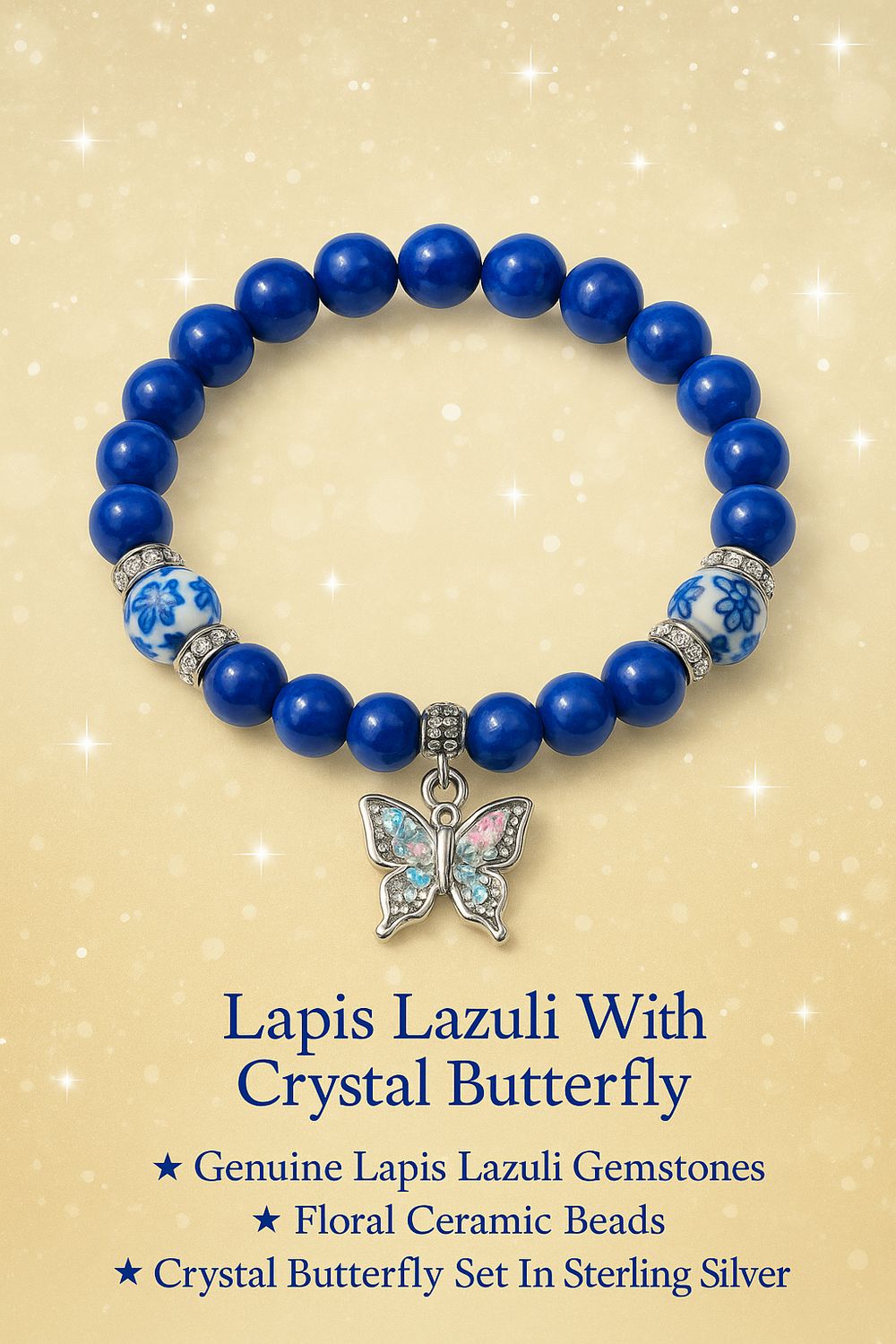 Lapis Lazuli Bracelet with Crystal Butterfly Charm