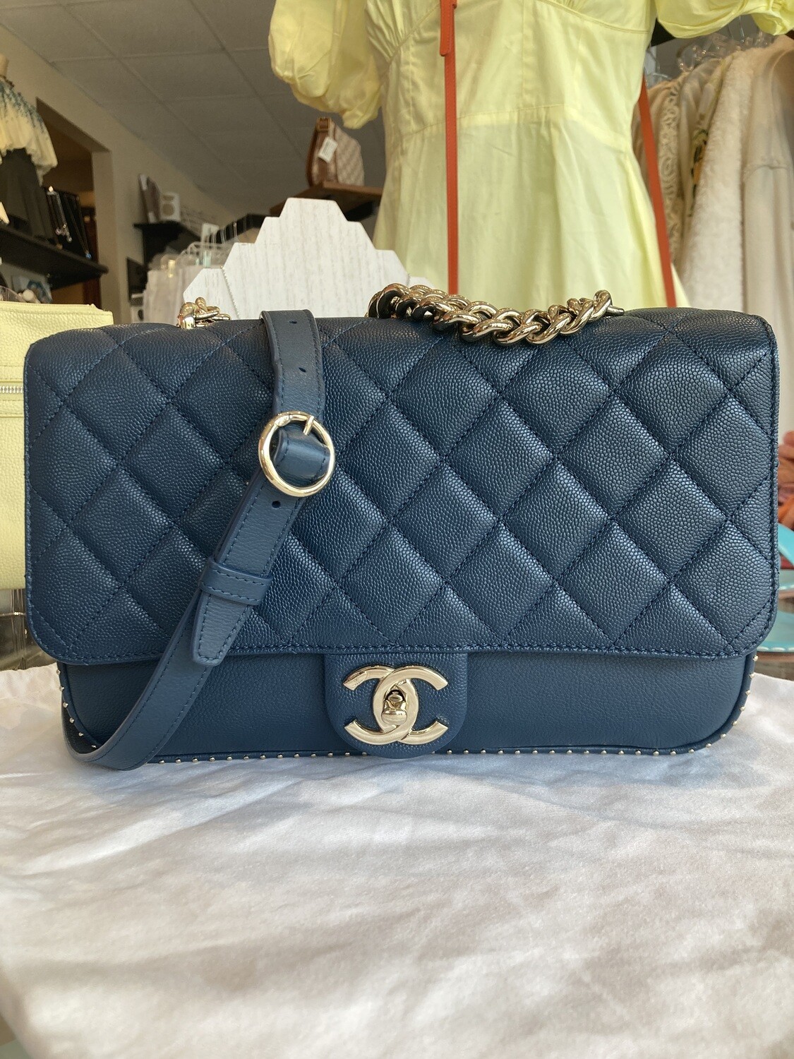 Chanel Navy Caviar Studded Flap Handbag