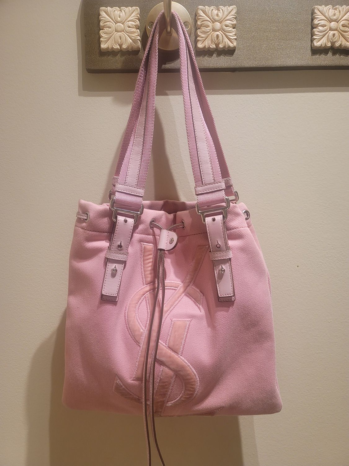 YSL Pink Canvas Drawstring Kahala Handbag