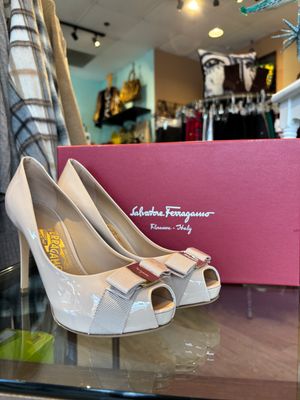 Salvatore Ferragamo Nude Patent Leather Pumps