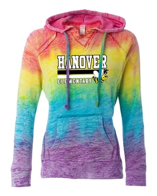 Hanover Elementary MV Sport - Women’s Courtney Burnout V-Notch Hooded Sweatshirt - W1162 - Rainbow Stripe