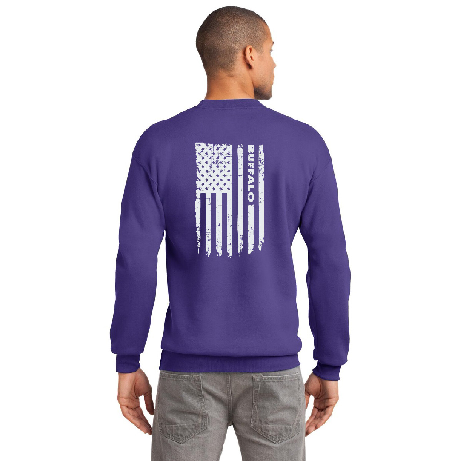 Buffalo Distressed Flag Port &amp; Company Essential Fleece Crewneck Sweatshirt - PC90 - Purple