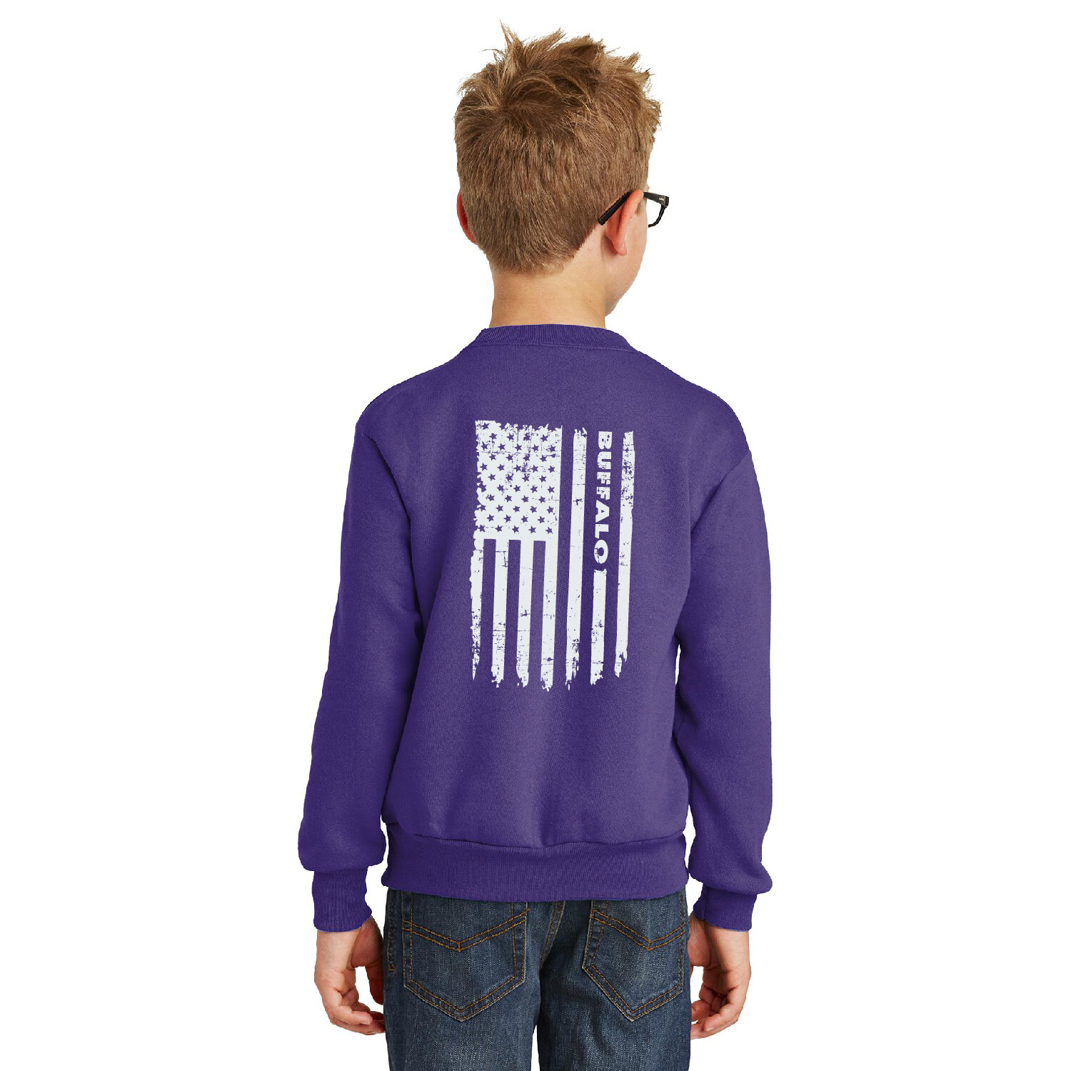 Buffalo Distressed Flag Port &amp; Company Youth Core Fleece Crewneck Sweatshirt - PC90Y - Purple