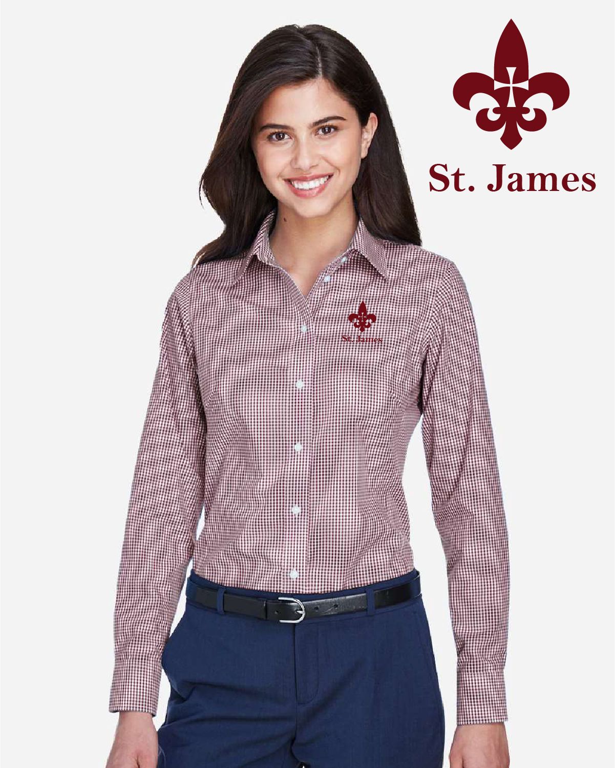 St. James Saints Devon & Jones Women's Crown Collection Gingham Check Woven Dress Shirt - D640W - Burgundy St. James Saints Devon & Jones Women's Crown Collection Gingham Check Woven Dress Shirt - D640W - Burgundy