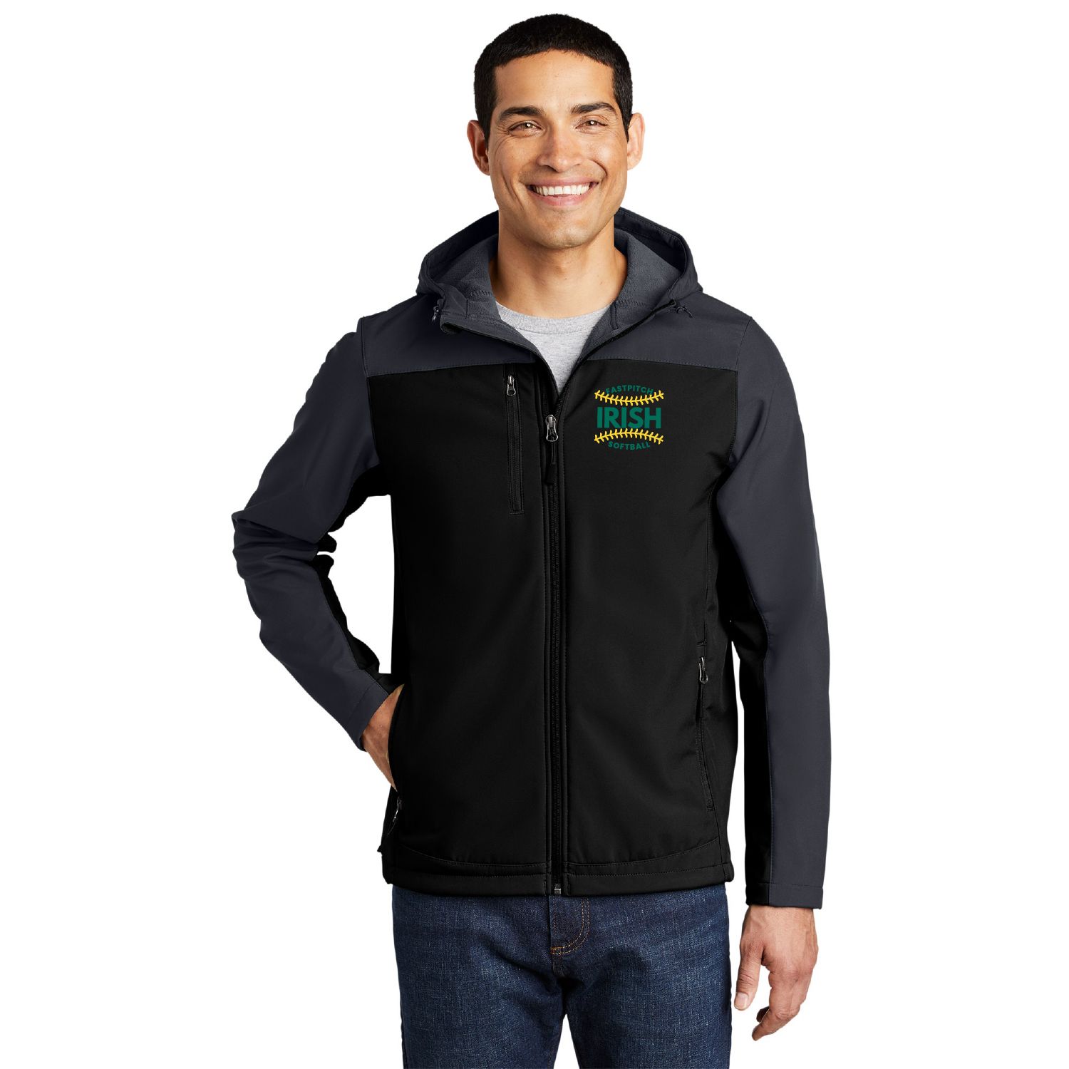 IRISH Fastpitch Port Authority Hooded Core Soft Shell Jacket - J335 - Black/Battleship Grey