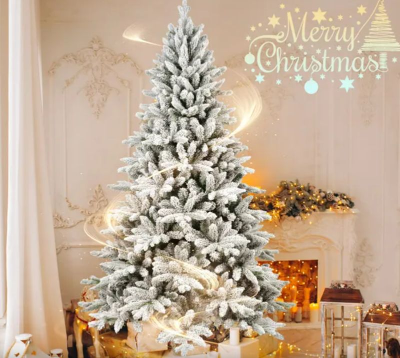 6FT Un-Lit Flocked Artificial Christmas Tree, Bringstar Hinged Xmas Trees w/ 1100 Premium PVC Branches