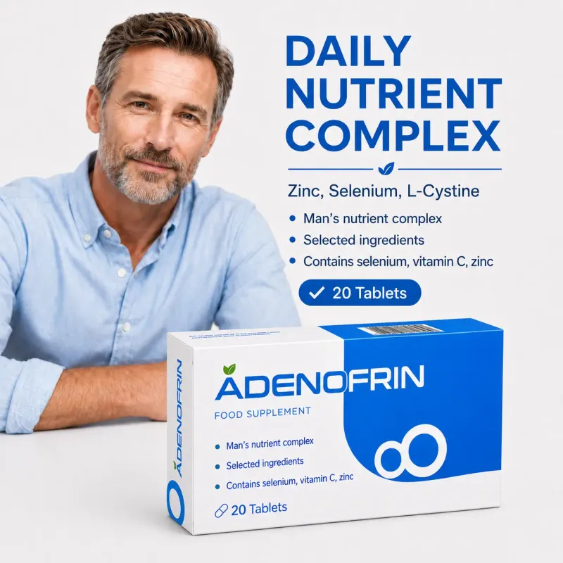 Adenofrin supplement box with seated man and daily nutrient complex text