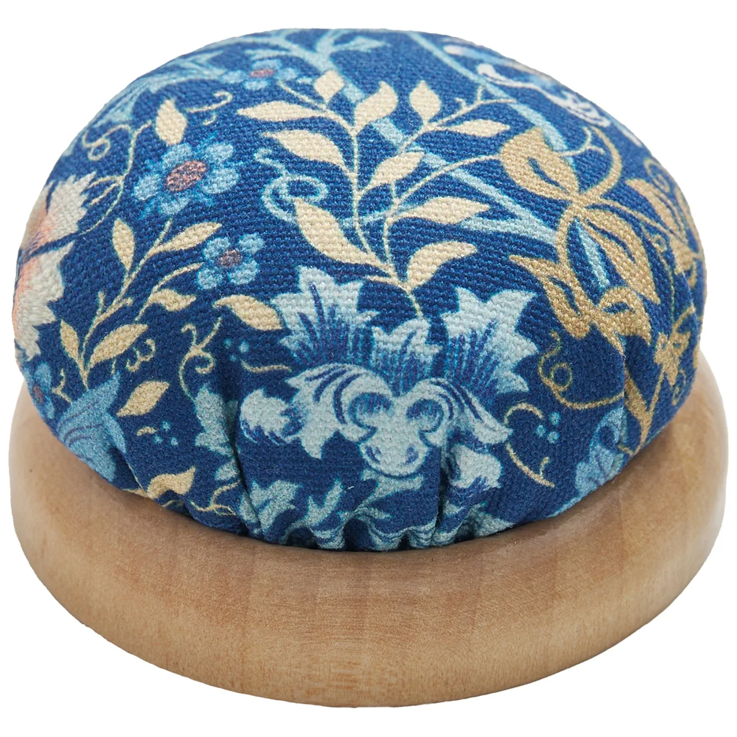 Blue Floral Fabric Pin Cushion on Wood Base