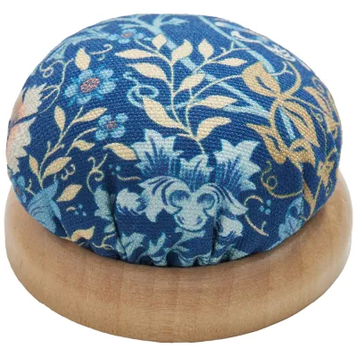 Blue Floral Fabric Pin Cushion on Wood Base