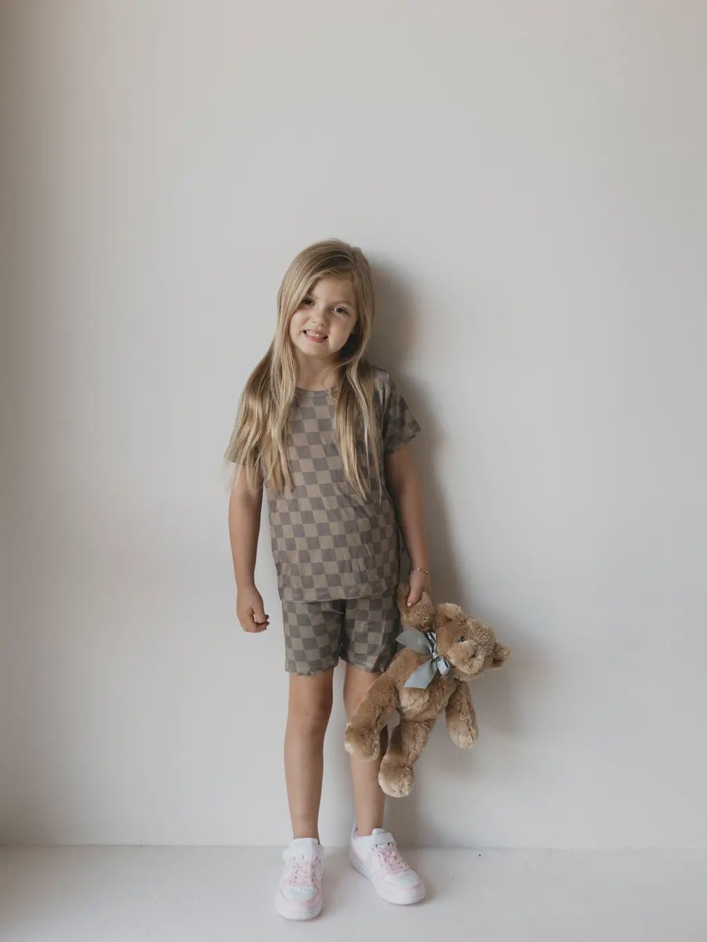 Bamboo Short Set | Faded Brown Checkerboard