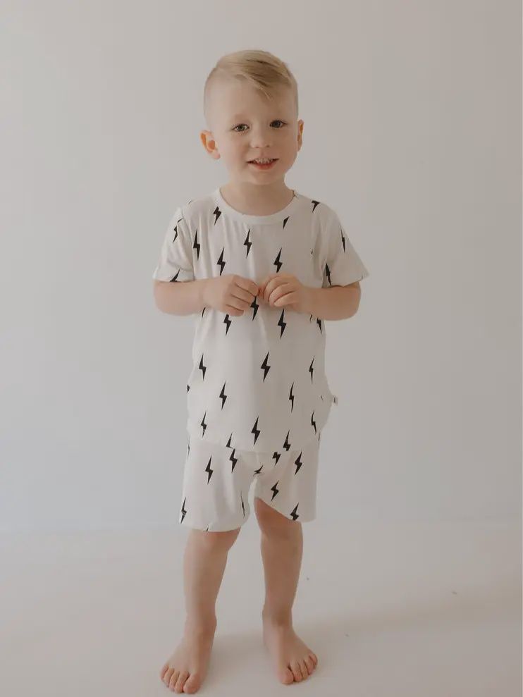 Bamboo Short Set | White &amp; Black Lightning Bolt