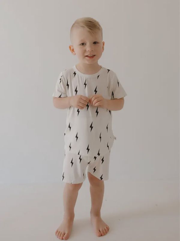 Bamboo Short Set | White &amp; Black Lightning Bolt