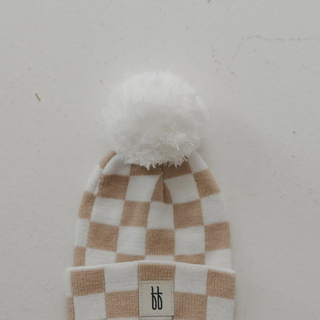 ff Knit Pom Top Beanie | Tan Checkerboard