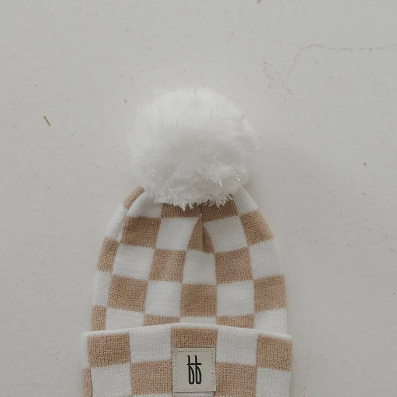 ff Knit Pom Top Beanie | Tan Checkerboard