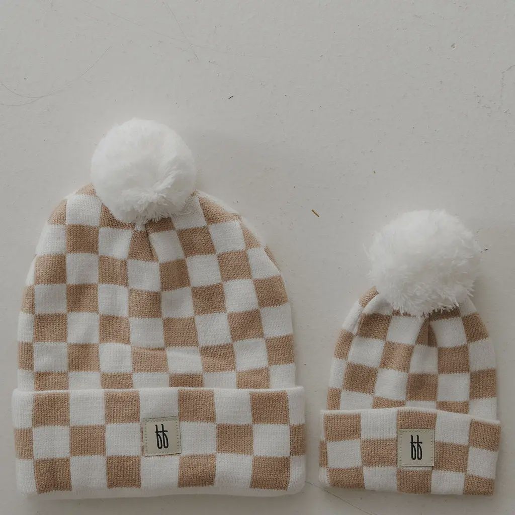 ff Knit Pom Top Beanie | Tan Checkerboard