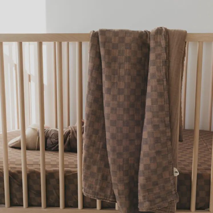 Muslin Crib Sheet | Faded Brown Checkerboard