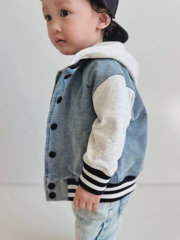 Toddler Washed Indigo Hooded Varsity Bomber