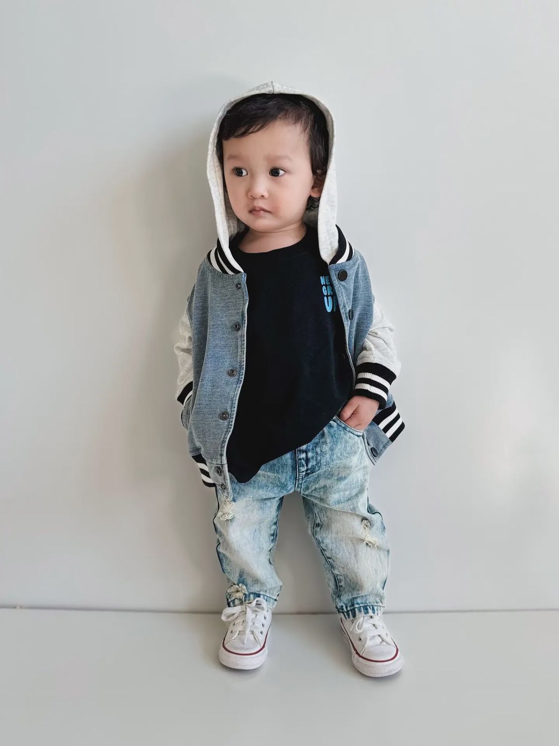 Toddler Washed Indigo Hooded Varsity Bomber