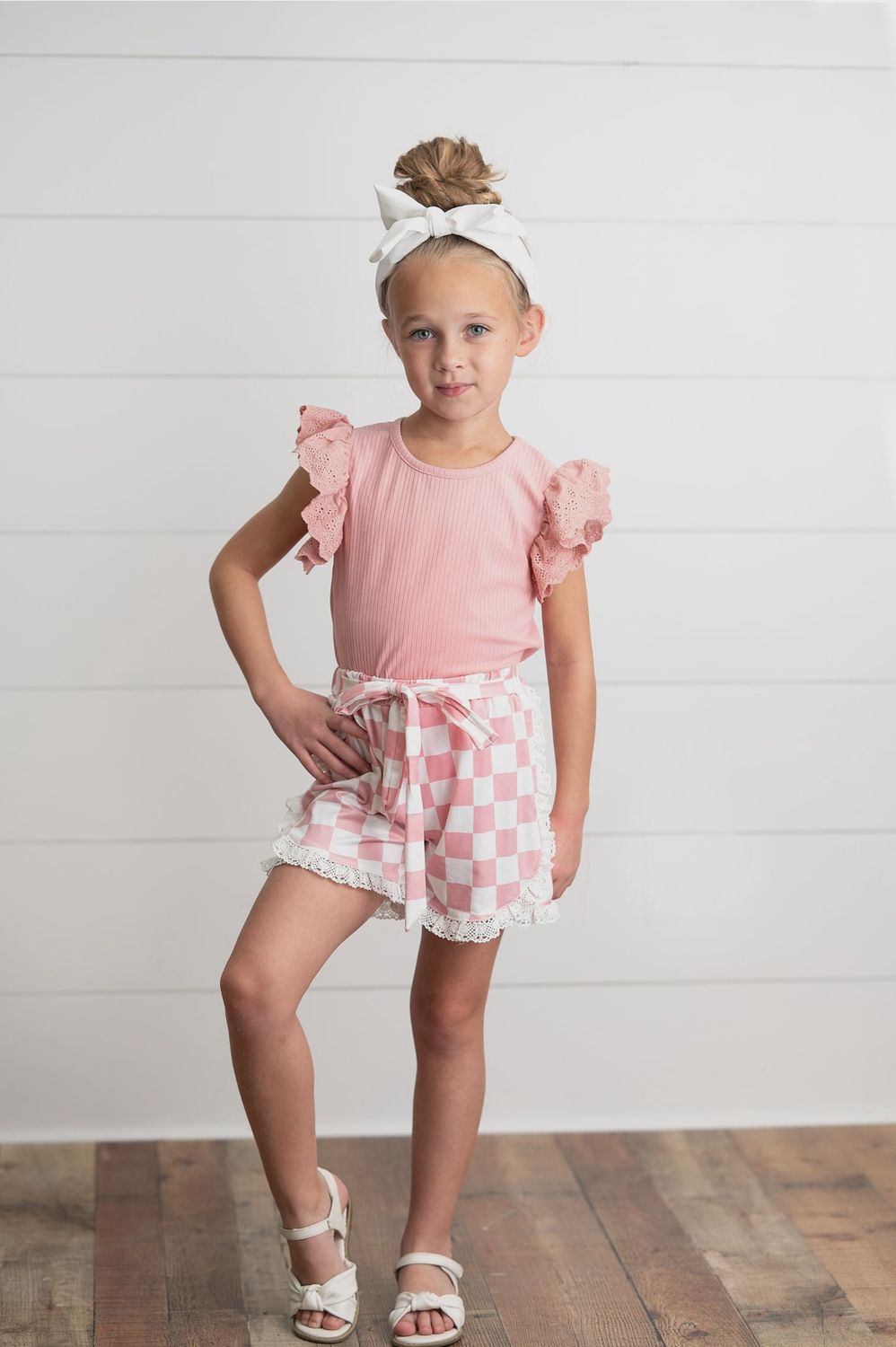 Girls Pink Lace Checkered Spring Summer Ruffle Short Set