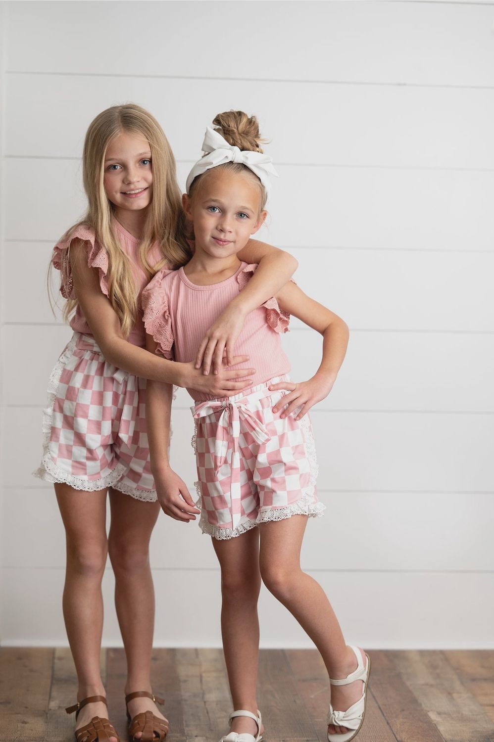 Girls Pink Lace Checkered Spring Summer Ruffle Short Set