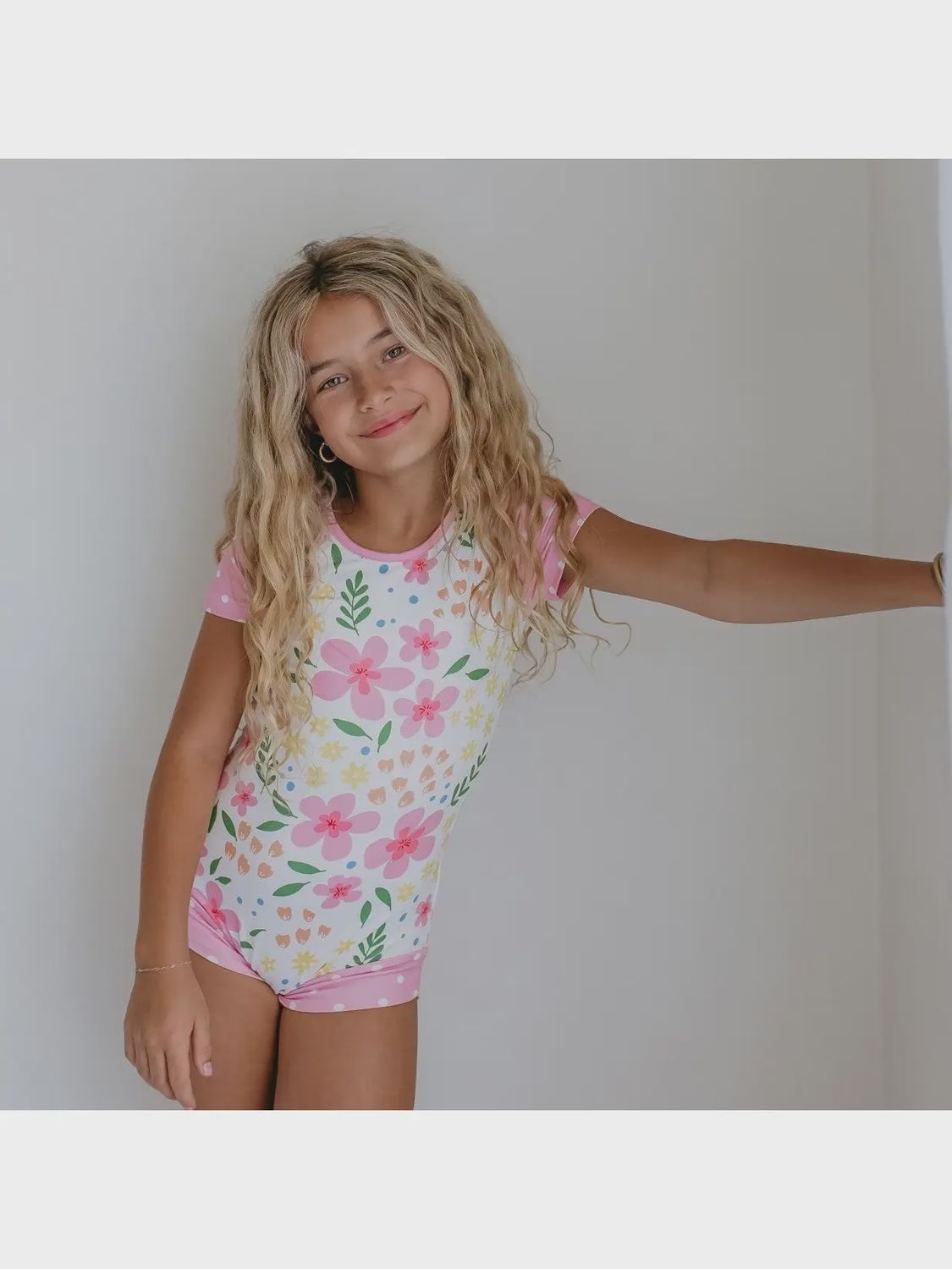 Kids Pink &amp; Yellow Floral Shortie Dance Gymnastics Leotard