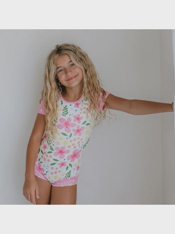 Kids Pink &amp; Yellow Floral Shortie Dance Gymnastics Leotard