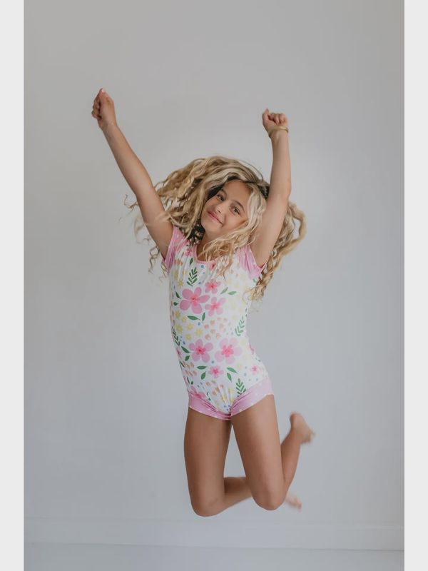 Kids Pink &amp; Yellow Floral Shortie Dance Gymnastics Leotard