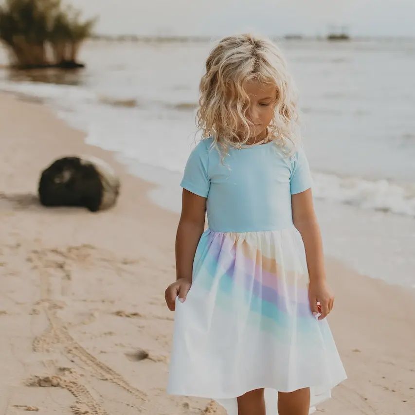 Kids Pastel Blue Rainbow Hi Lo Spring Summer Dress