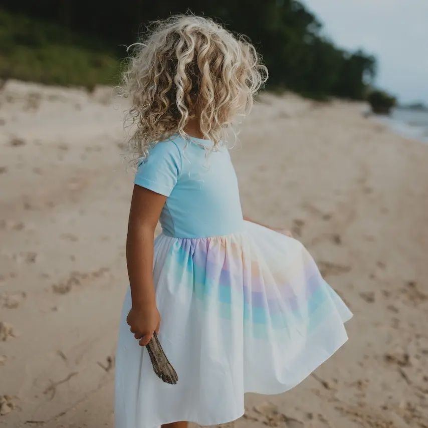 Kids Pastel Blue Rainbow Hi Lo Spring Summer Dress