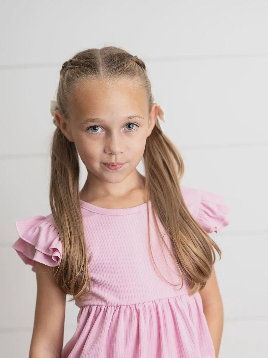 Kids Light Pink Ribbed Double Ruffle Flutter Sleeve Shirt