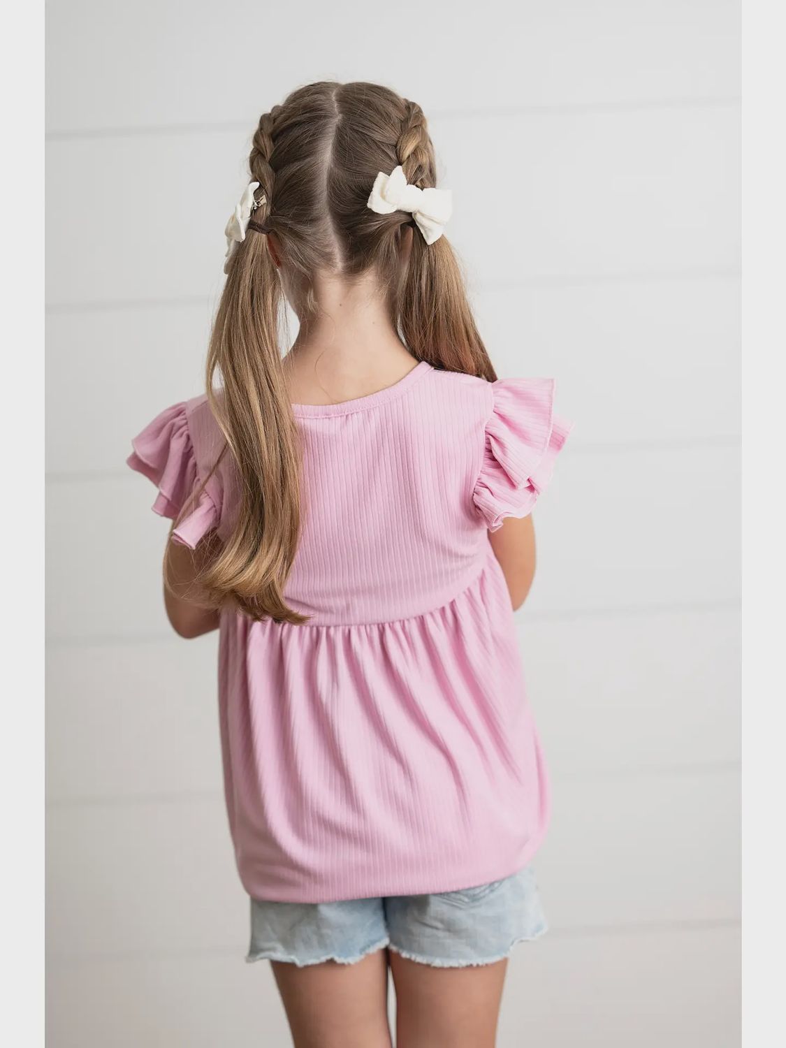 Kids Light Pink Ribbed Double Ruffle Flutter Sleeve Shirt