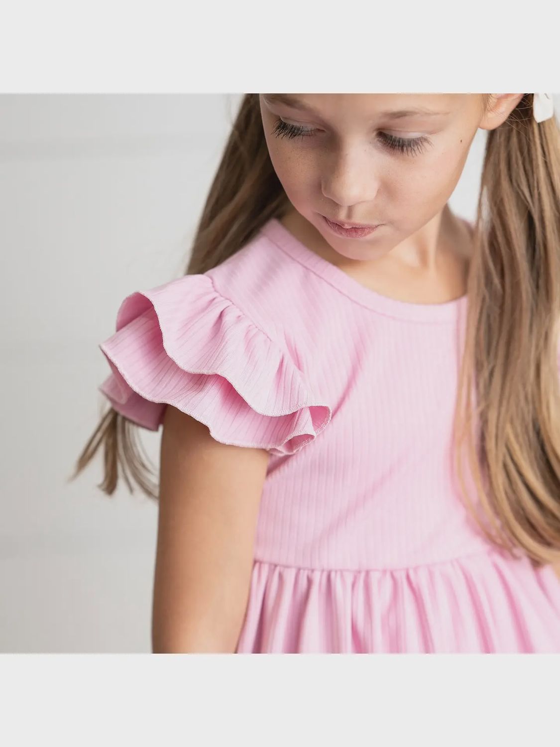 Kids Light Pink Ribbed Double Ruffle Flutter Sleeve Shirt