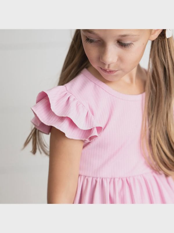 Kids Light Pink Ribbed Double Ruffle Flutter Sleeve Shirt